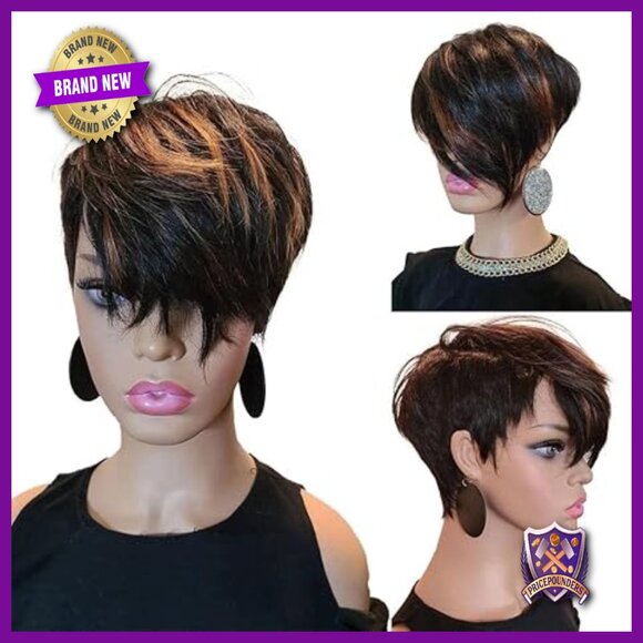 Short Bob Pixie Cut Human Hair Wig with Bangs 130 Density Full Machine Made